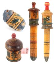Four early painted Tunbridge ware sewing accessories, comprising a cylinder form cottage tape
