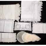 White work etc., comprising a set of six table mats and two ovals, boxed, a set of twenty