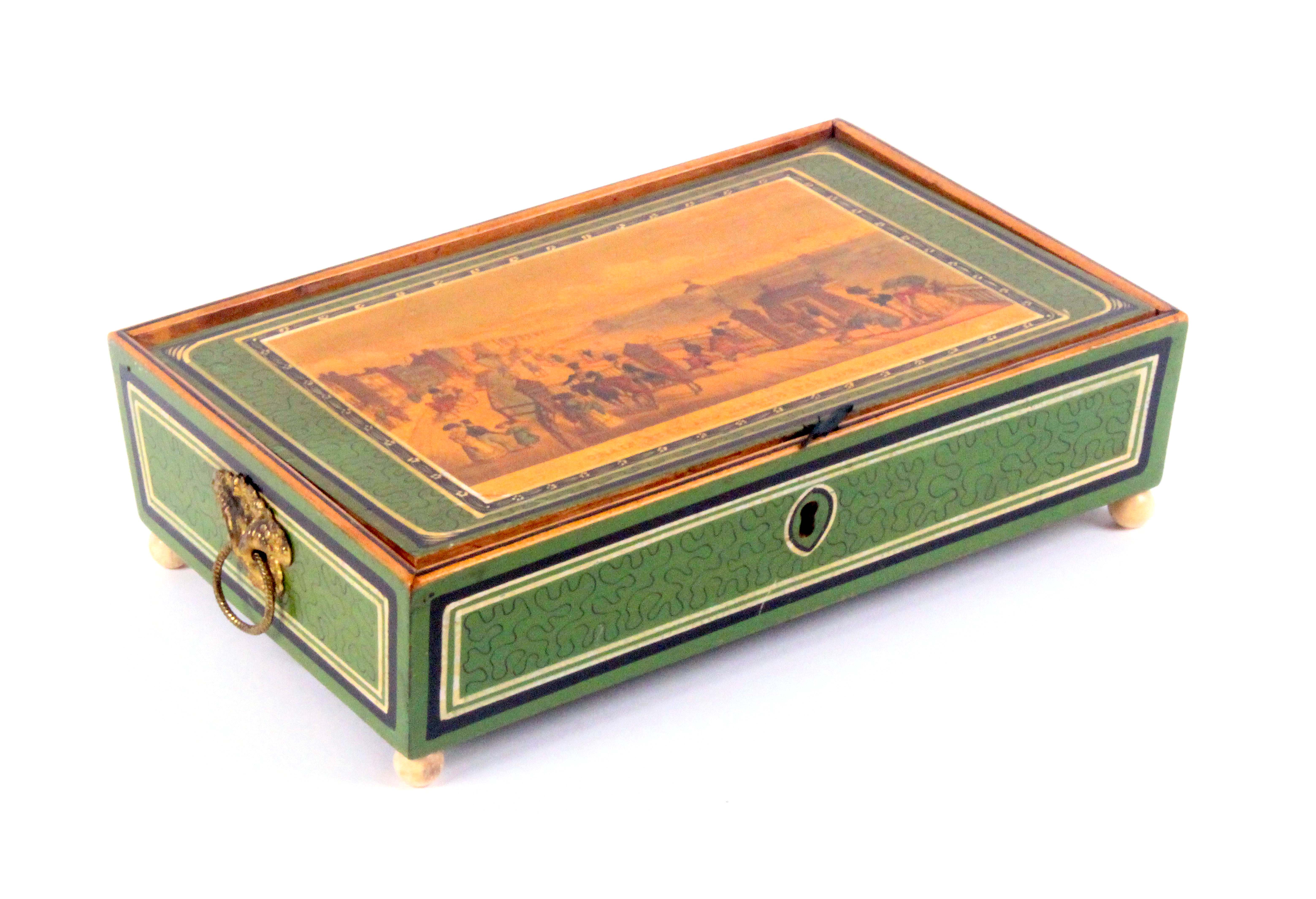 An early print and paint decorated white wood Tunbridge ware sewing box, of rectangular form, the - Image 2 of 3