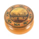 An early Tunbridge ware print and paint decorated circular box of bulbous form, the domed lid with