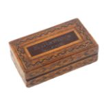 A Tunbridge ware rectangular box the lid with a silver spot inlaid panel 'Killarney Lakes', within