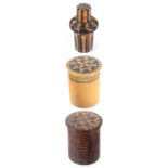 Tunbridge ware - three pieces, comprising a stick ware bottle case complete with bottle and stopper,