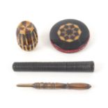 Tunbridge ware - sewing, four pieces, comprising a rosewood disc form pin cushion each side inset