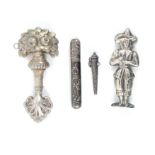 Four continental silver needle cases, comprising a figural example as a young man with plumed hat