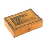 An early Tunbridge ware print and paint decorated white wood rectangular box, the hinged lid with