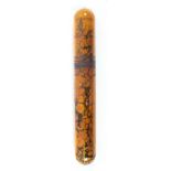 A rare amber glass cylinder needle case, with marbled card core, the cover inscribed in silver paint