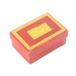 A rare George III 'triple guinea' cardboard sewing box for a child, in grained red paper, the lid