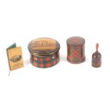 Tartan and Mauchline ware, four pieces comprising a circular reel box (M'Pherson), the domed lid