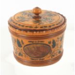 An early Tunbridge ware print and paint decorated white wood circular box and cover, the side