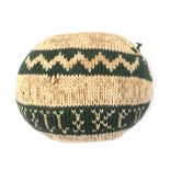 A fine 18th Century named and dated pin 'ball', in stripes of green and cream one side worked with