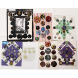 Six displays of mostly 20th Century buttons, comprising a display of eighteen Bakelite, largest 5cms