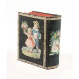 A scrap decorated sewing box for a child, of book form covered in velvet and gold paper, circa 1880,