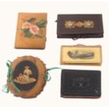 Five needle books, comprising an olive wood Sorrento example of shaped oval form one side inlaid