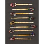 Nine spot inscribed bone lace bobbins, Noah / James / Lot / Abraham / Reuben / Edmund / Ebrn / Jonas