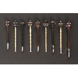 Nine Tonder lace bobbins, five in hardwood, four in bone and hardwood, beaded heads. (9)