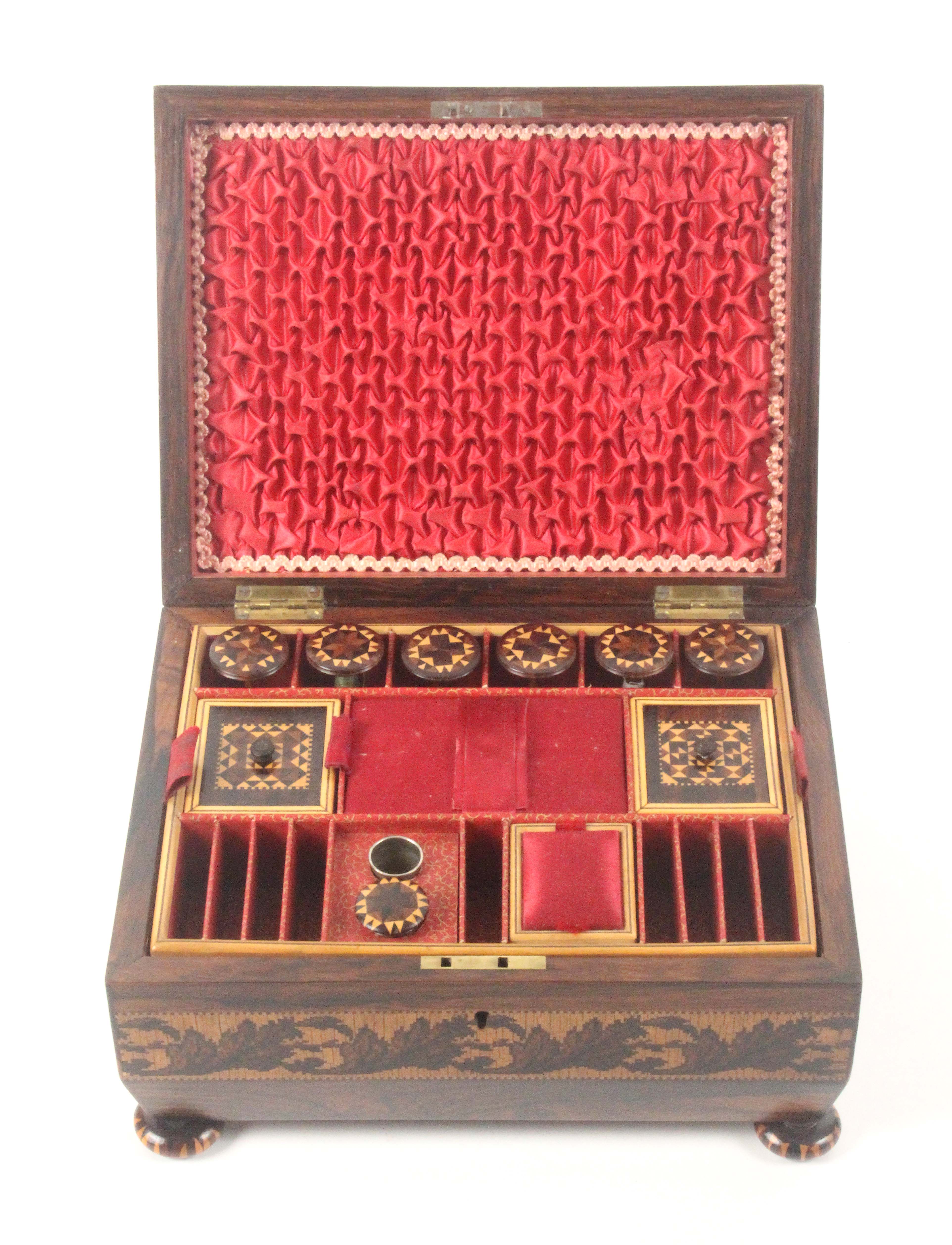 A good rosewood Tunbridge ware sewing box with accessories, of sarcophagol form, the lid with a