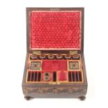 A good rosewood Tunbridge ware sewing box with accessories, of sarcophagol form, the lid with a