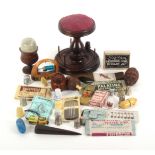 A mixed lot - sewing, comprising a turned wooden reel stand with central pin cushion, 12.5cms dia.
