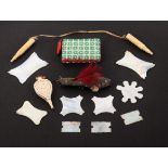 A mixed lot - sewing, comprising a mesh covered fish form pin cushion with pin stuck tail and