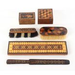 Tunbridge ware - six pieces, comprising a mosaic inlaid cribbage board, 23.5cms, a rosewood mosaic