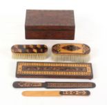 Tunbridge ware - six pieces, comprising a floral mosaic cribbage board, 23cms, a yew wood