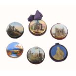 Six reverse glass circular pin cushions, one with a titled view 'Peterborough Castle', small chip to