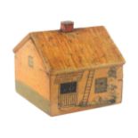 An early Tunbridge ware cottage form sewing/reel box, single storey, the front painted with stable