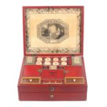 A fine and particularly well preserved and fitted late Georgian red leather covered sewing box, of
