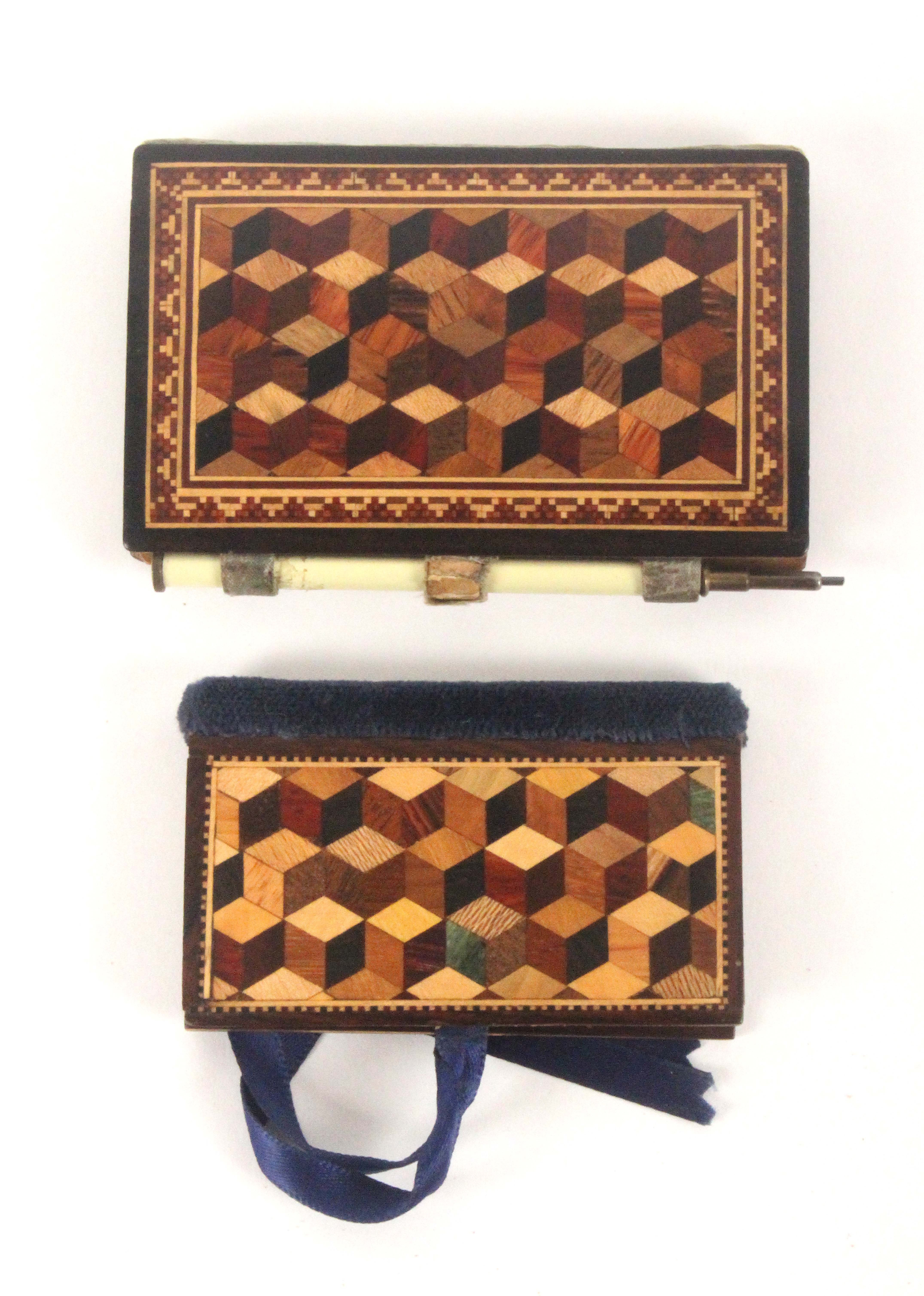 Two Tunbridge ware needle books, comprising a large example, one cover with a mosaic panel of a - Image 2 of 2