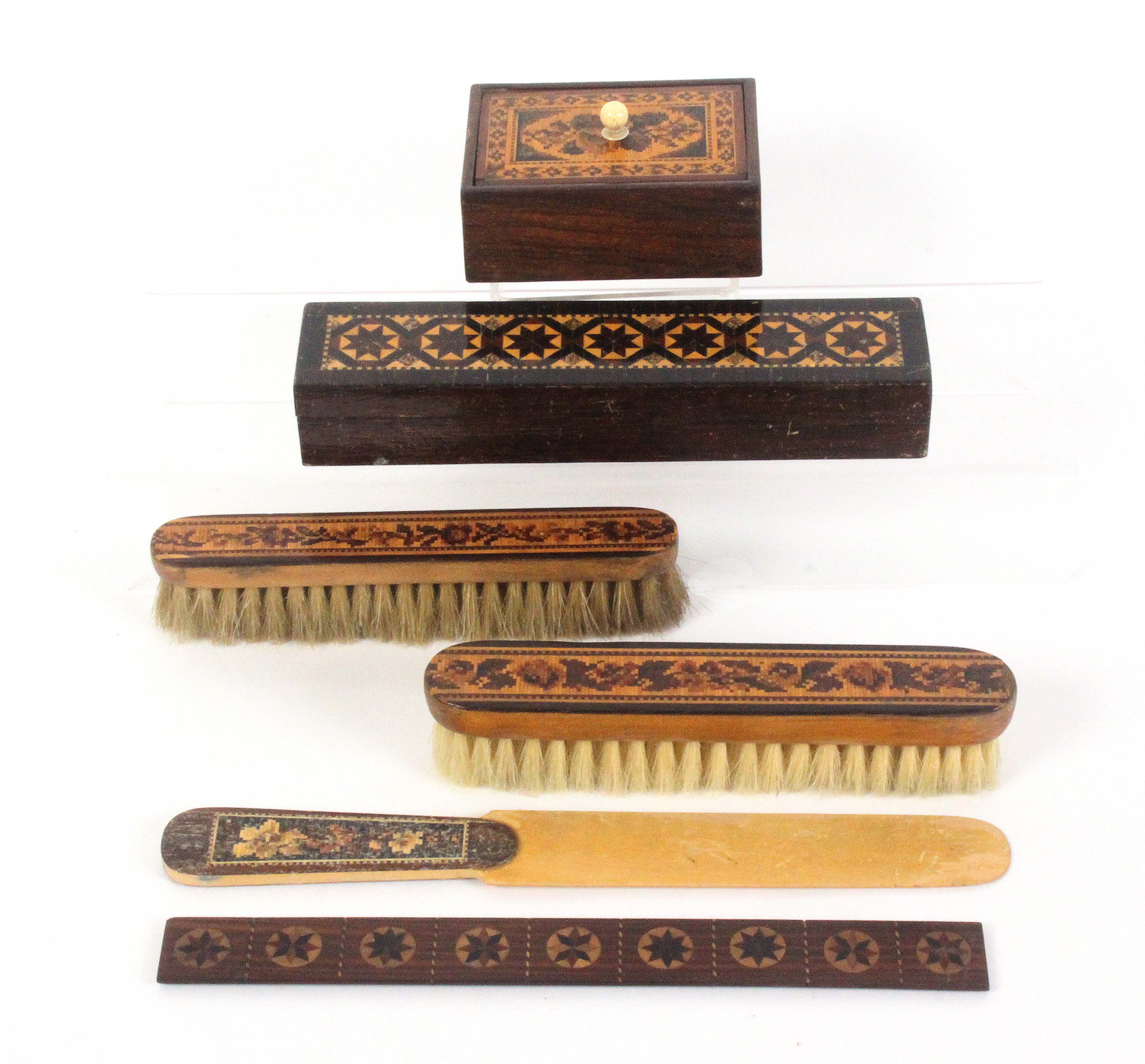 Tunbridge ware - six pieces, comprising a rosewood pencil box, the pull-off lid in stick ware, 19.