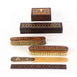 Tunbridge ware - six pieces, comprising a rosewood pencil box, the pull-off lid in stick ware, 19.