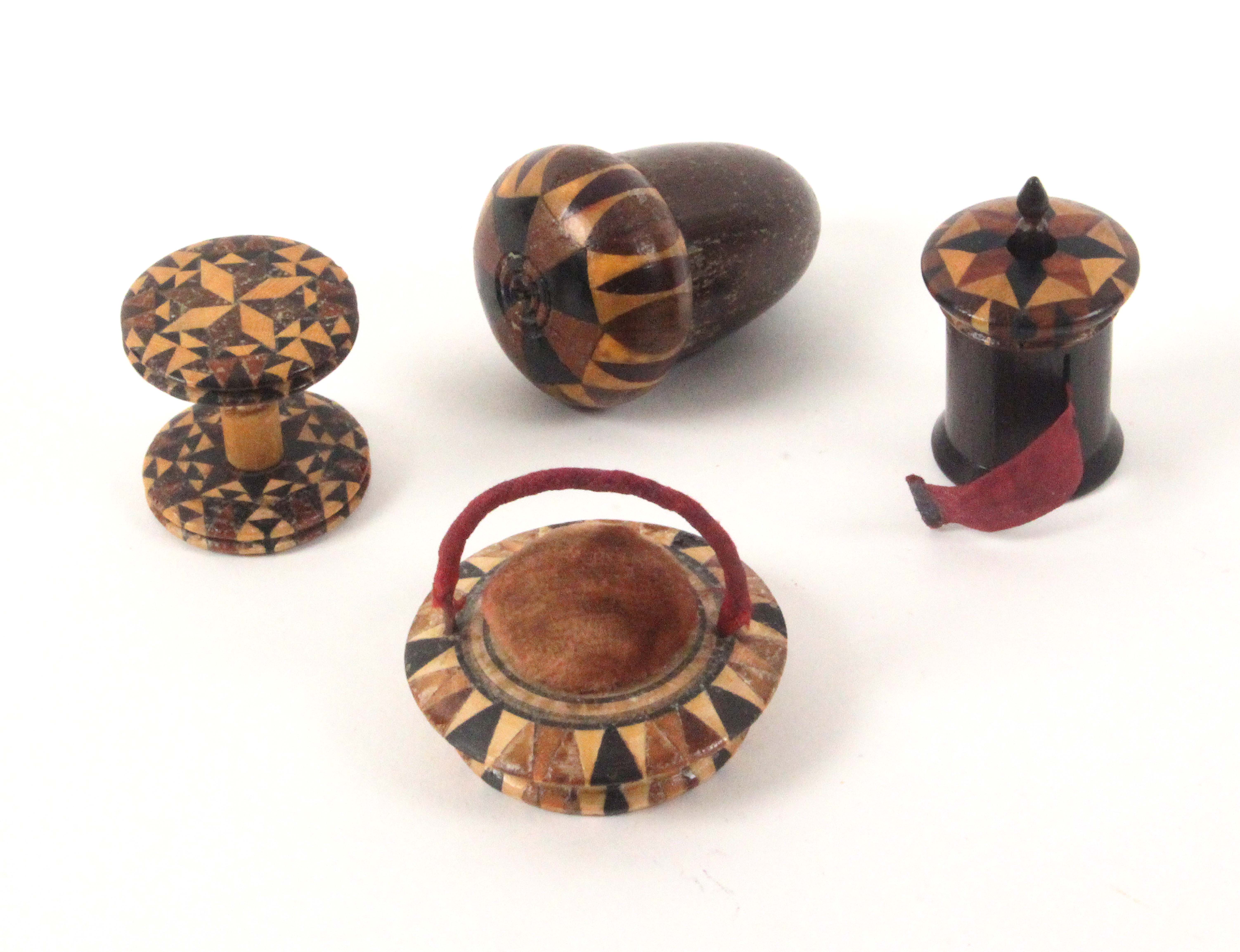 Tunbridge ware - sewing, four pieces, comprising a stick ware basket form pin cushion with bound