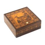A Tunbridge ware rosewood box, of square form, the pin hinge lid with a large mosaic panel of a deer