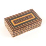 A Tunbridge ware rectangular box, the lid with a mosaic panel 'Needles' within mosaic borders, the