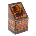A large rosewood Tunbridge ware slant top needle packet box, the sloping top with a mosaic panel