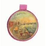 A good Tunbridge ware colour print decorated disc form pin cushion, one side with a titled view '