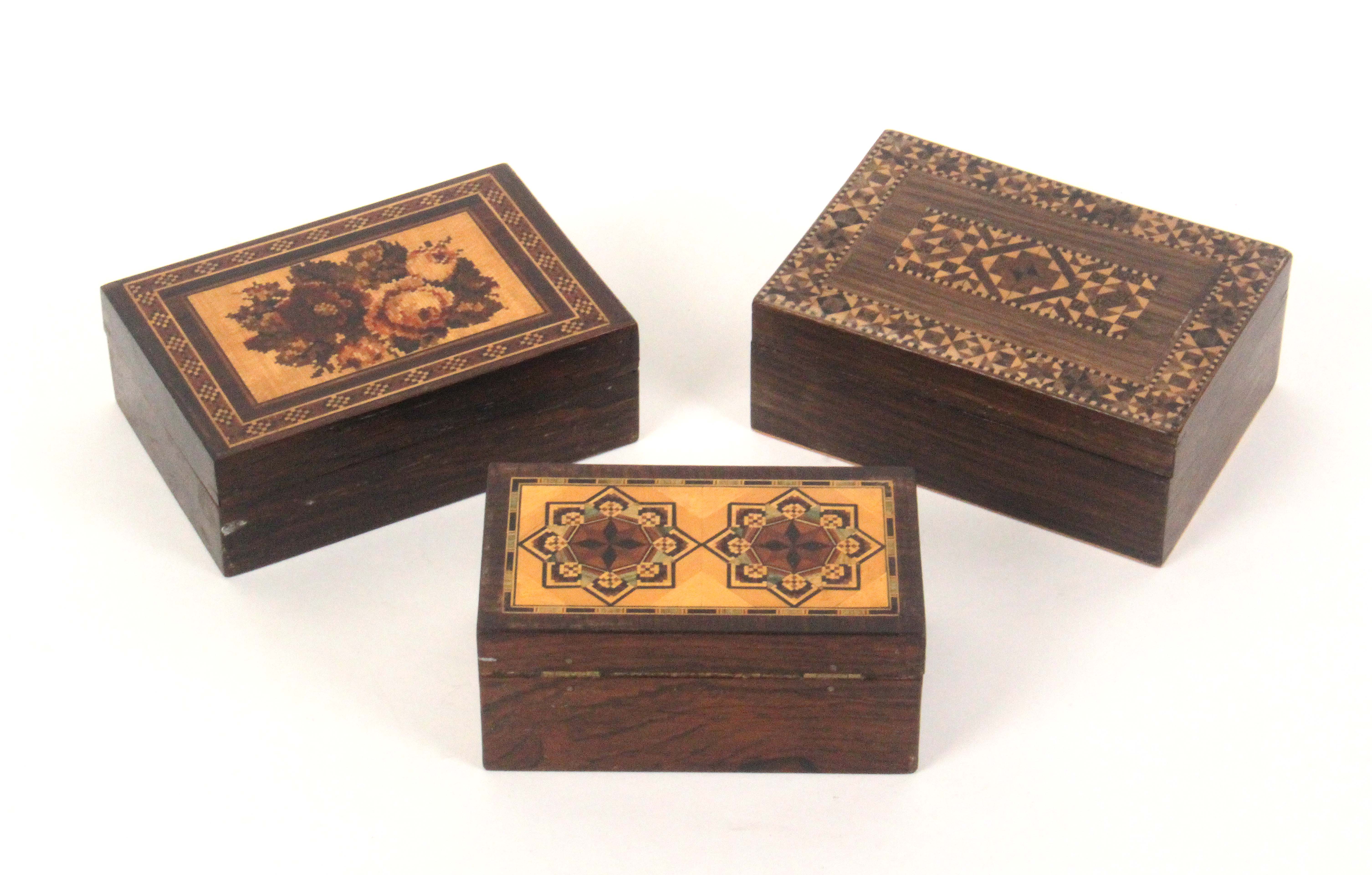 Three small Tunbridge ware rectangular rosewood boxes, all pull-off lids comprising a rectangular