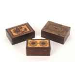Three small Tunbridge ware rectangular rosewood boxes, all pull-off lids comprising a rectangular