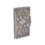 A late 18th Century silver filigree needle book, quill work covers, trellis spine, hinged catch,