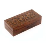 An attractive Tunbridge ware rosewood desk box, of rectangular form, the hinged lid with three