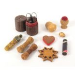 A mixed lot - sewing, comprising a leather cylinder form etui for a child with steel accessories,