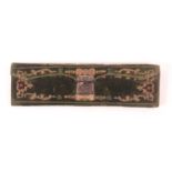 A gilt and blind tooled green velvet netting case with etched steel catch, the pink silk interior
