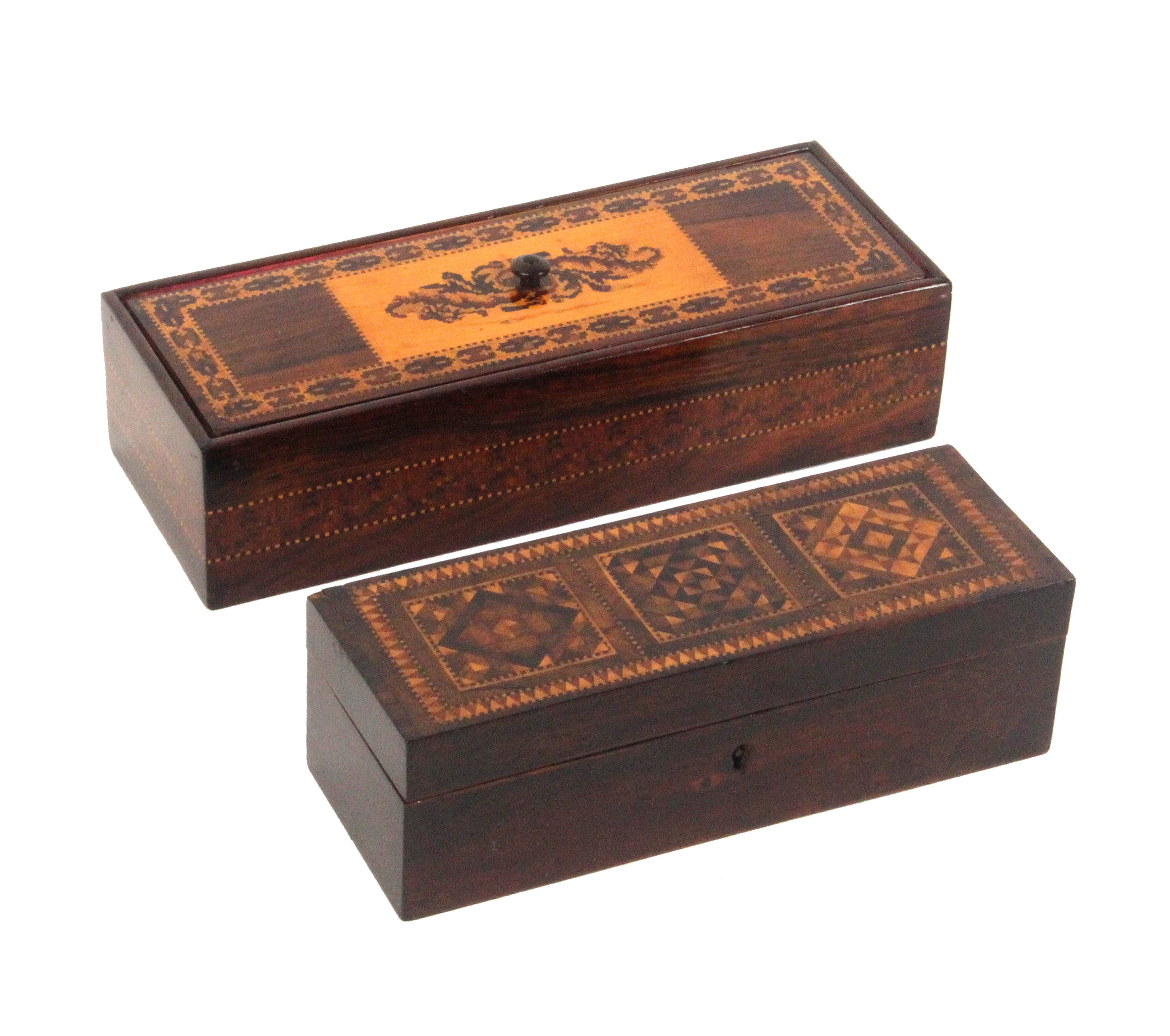Two Tunbridge ware rosewood boxes, both of rectangular form, comprising a hinged lid example the top