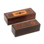 Two Tunbridge ware rosewood boxes, both of rectangular form, comprising a hinged lid example the top