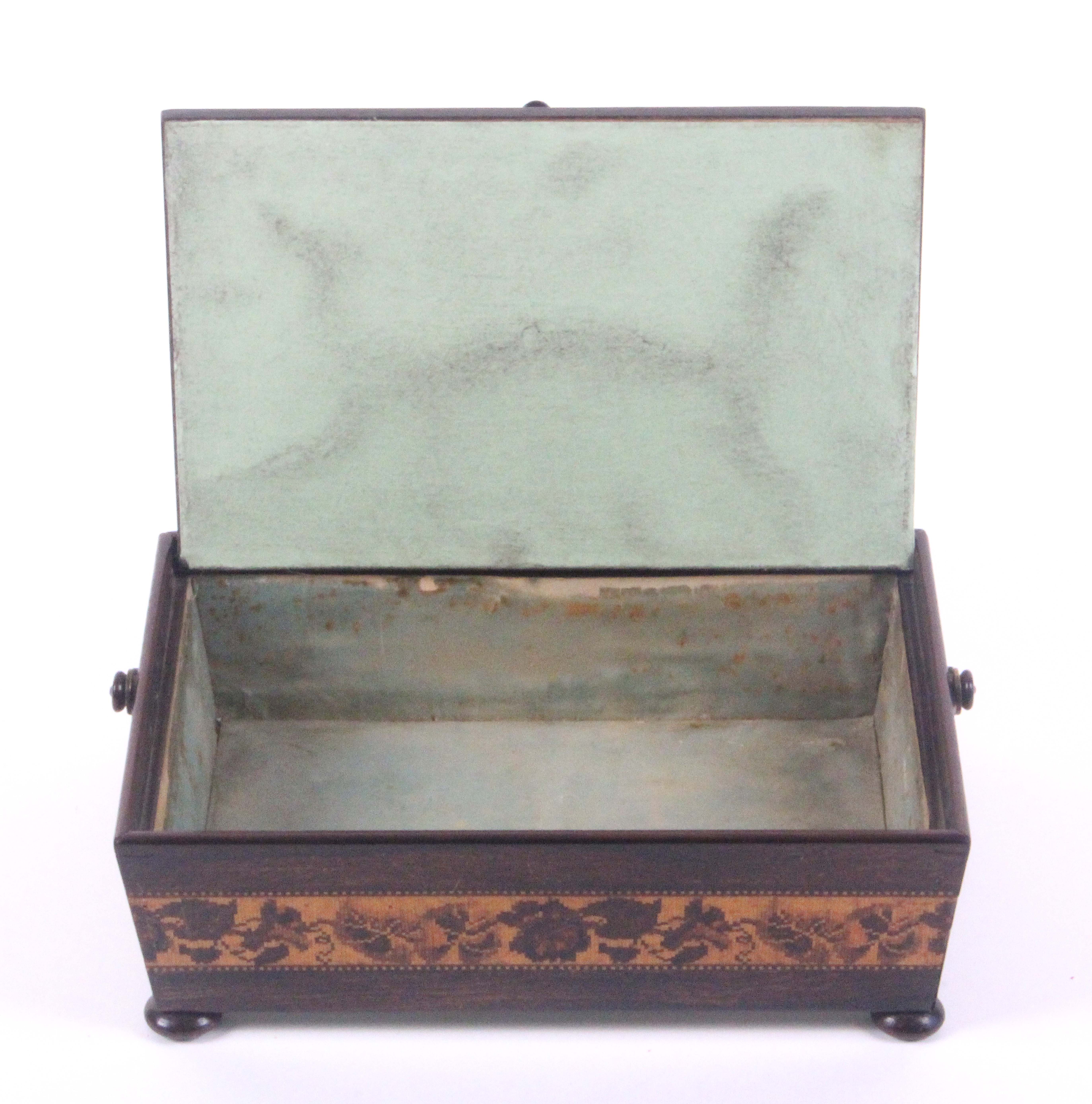 A Tunbridge ware rosewood sewing pannier, of rectangular form raised on turned bun feet, the pin - Image 2 of 2