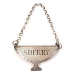 A goblet form silver wine label, with engraved border incised 'Sherry', Birmingham 1794, makers mark