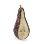 A rare 18th Century silk pin cushion in the form of a pear in four segments, two in floral purple