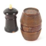 An early Tunbridge ware nutmeg grater and a rosewood go to bed, the nutmeg grater of ribbed barrel