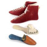 A combination pin cushion/needle book and two thimble slippers, the first in the form of two shoes