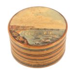 An early Tunbridge ware print and paint decorated circular box, the lid with a colour print